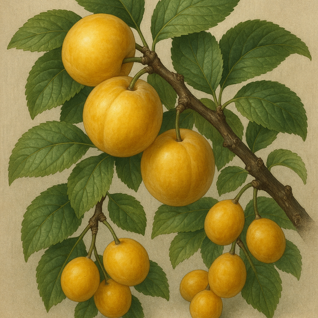 Prunes jaunes dorées sur branche de prunier