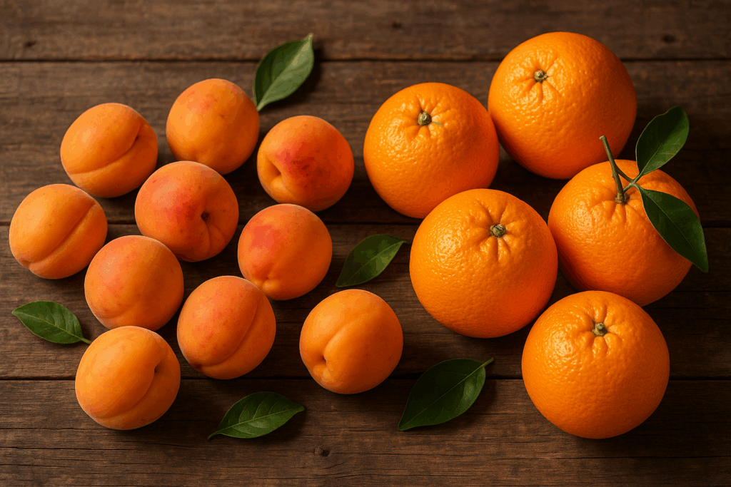 Abricots frais français de variété Bergeron sur une table rustique et autres fruits