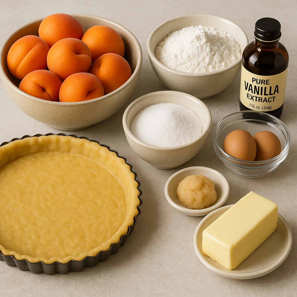 Ingrédients pour réaliser une tarte aux abricots maison disposés sur un plan de travail