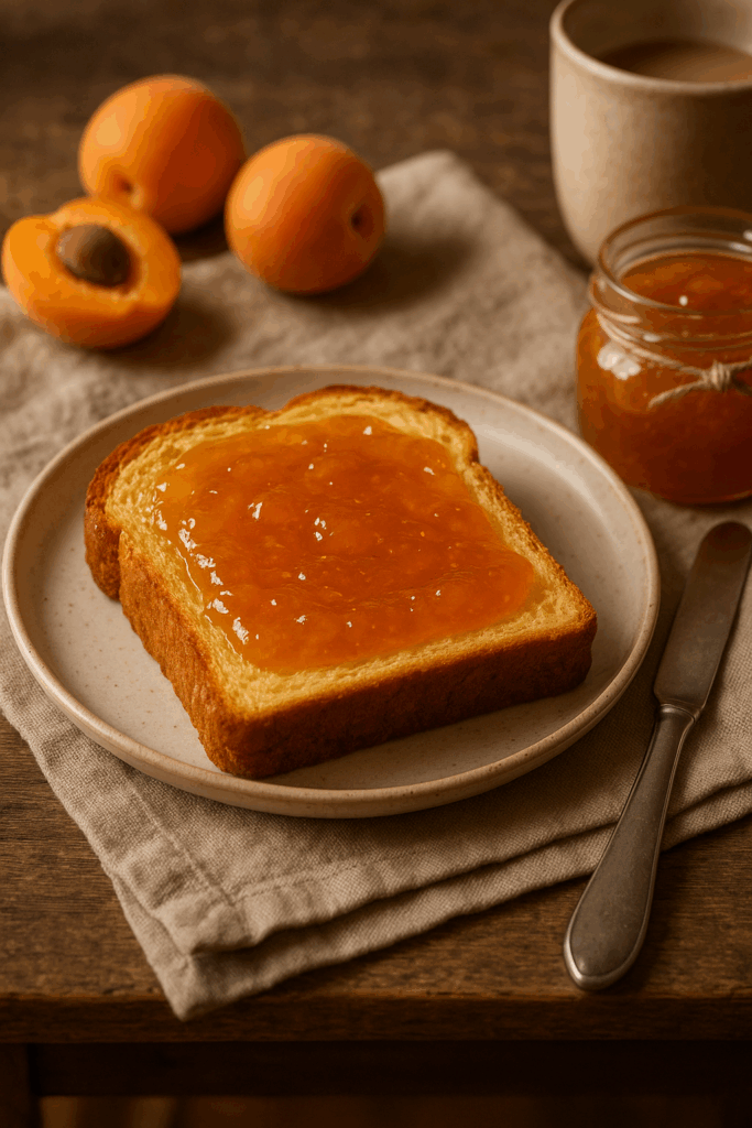 Tartine de brioche généreusement nappée de confiture d'abricots
