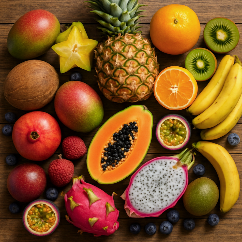 Assortiment de fruits exotiques colorés sur une table en bois