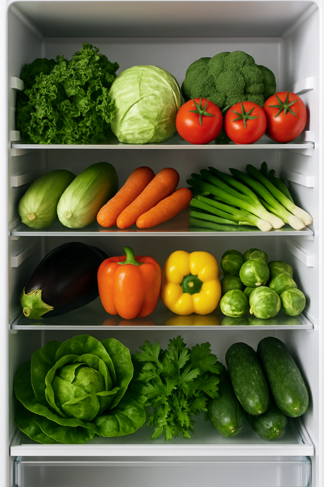 Légumes frais variés dans un réfrigérateur bien organisé