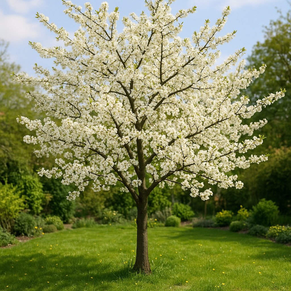 Prunier en fleurs au printemps avec ses belles fleurs blanches