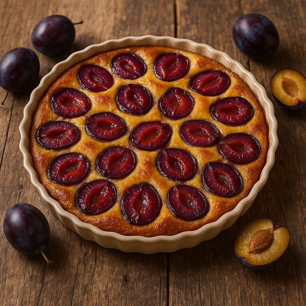 Clafoutis aux prunes doré et appétissant sortant du four