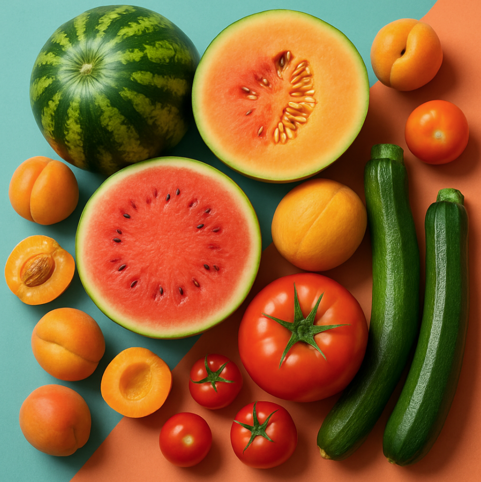 Présentation colorée de fruits et légumes d'été