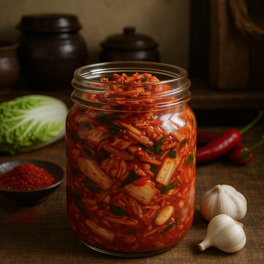 Kimchi traditionnel dans un bocal en verre dans une cuisine coréenne