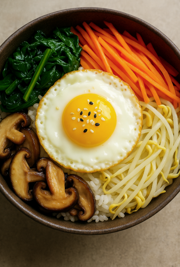 Bibimbap coloré avec légumes frais disposés artistiquement